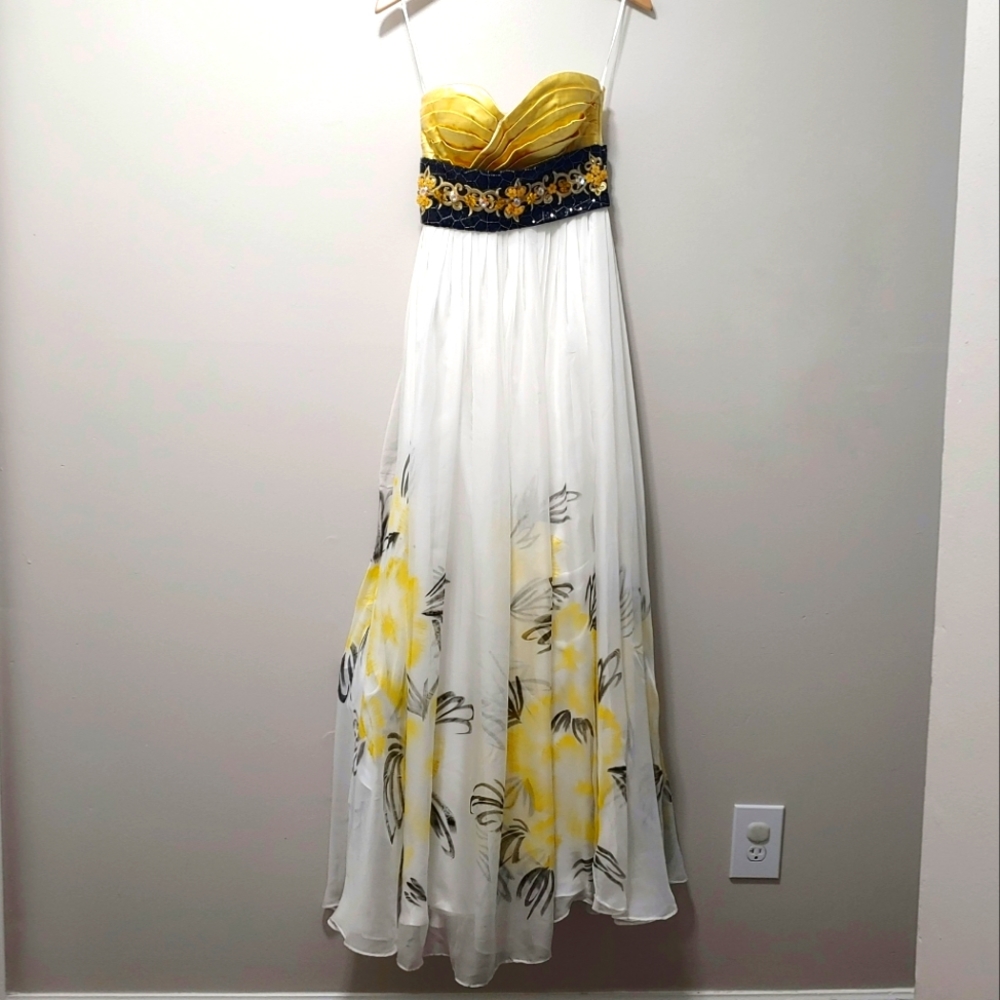 Yellow Black & White Evening Gown- Strapless Sweetheart Floral